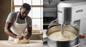 A comparison showing manual dough mixing versus an efficient commercial dough mixer from Afess Nigeria.