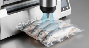 An Afess Automatic Vacuum Sealer preserving freshness by packaging frozen fish in a tight, airless bag.