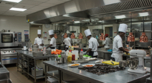 A picture illustrating an efficient restaurant kitchen layout.