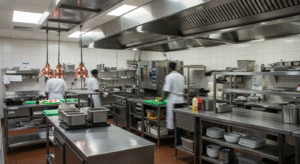 The interior of a clean, efficient commercial restaurant kitchen equipped with Afess stainless steel tables and shelves. This image is AI-generated.